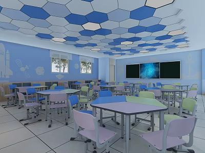 School Classroom With Hexagonal Ceiling Design And Colorful Furniture 3d model