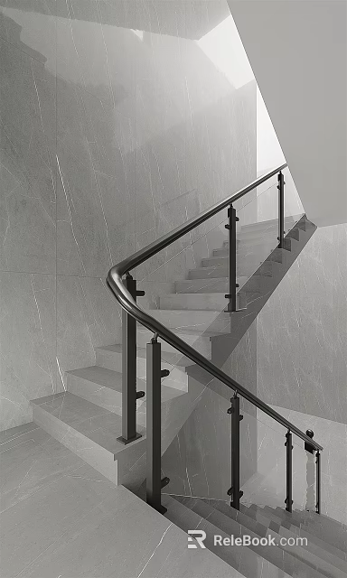 Modern Staircase Design With Black Metal Railing And Grey Stone Wall 3d model 