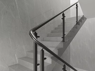 Modern Staircase Design With Black Metal Railing And Grey Stone Wall 3d model