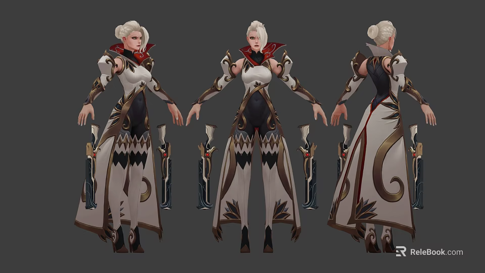 White Haired Woman In Red Black Outfit With Flowy Skirt Golden Details Character Design 3d model 