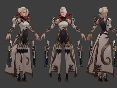 White Haired Woman In Red Black Outfit With Flowy Skirt Golden Details Character Design 3d model