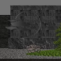 Garden Ornament Featuring Stone Wall Circular Metal Decor Cloud Shaped Pieces Green Plants and Grass