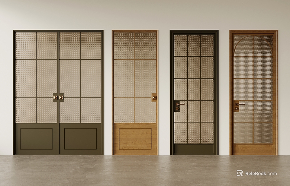 Green Double Doors With Grid Design Alongside Light Wood Dark Green And Brown Arched Doors 3d model 