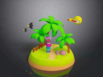 Palm Trees on Small Green Island with Cartoon Character Black Birds and Rocket Decoration 3d model