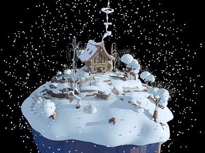 Snowy Winter Island Landscape With Cabin Snow Covered Trees And Falling Snowflakes 3d model