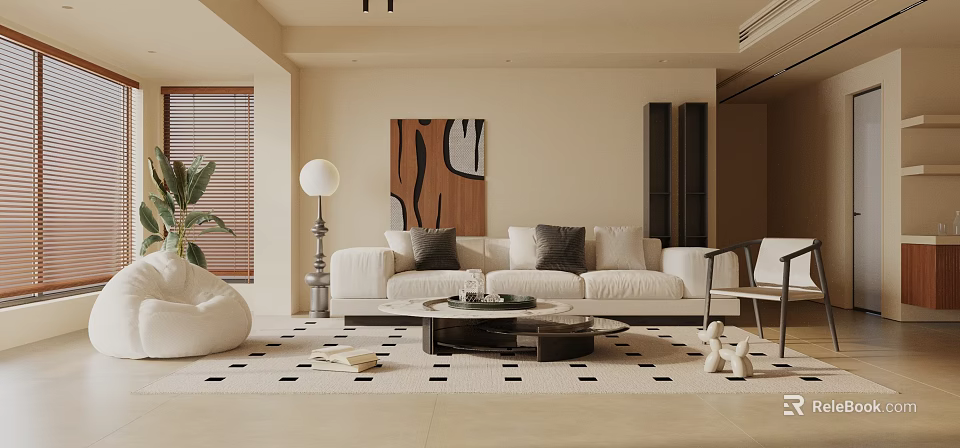 Modern Living Room Interior Design With Sofa Coffee Table Decorative Artwork And Floor Lamp Rug 3d model 