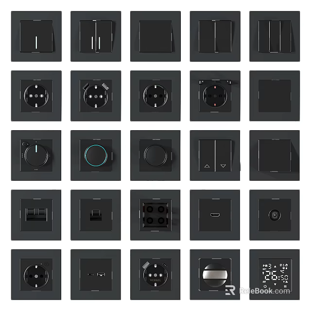Modern Black Switch Panels With Various Types And Designs For Home Use 3d model 
