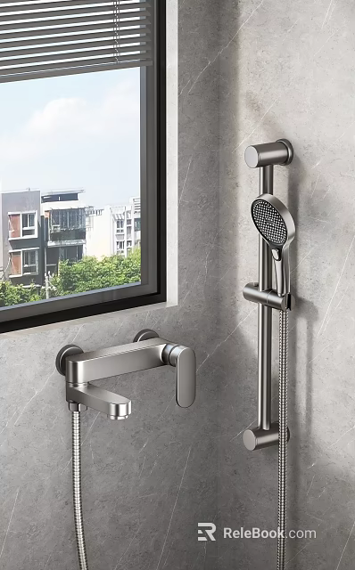 Modern Bathroom Faucet And Shower Fixture On Gray Wall With Window View 3d model 