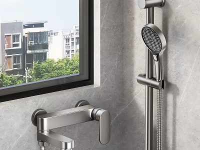 Modern Bathroom Faucet And Shower Fixture On Gray Wall With Window View 3d model