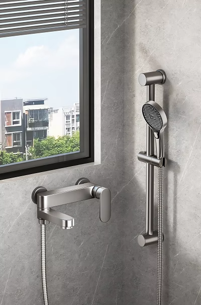 Modern Bathroom Faucet And Shower Fixture On Gray Wall With Window View 3d model