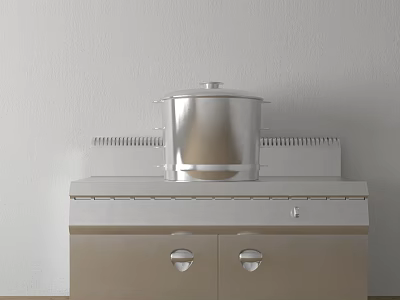 Stainless Steel Cooking Pot With Lid On Modern Kitchen Cabinet Countertop 3d model