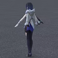 Elegant Game and Movie Character With Black Short Hair Blue Outfit White Shoulder Details Purple Pants