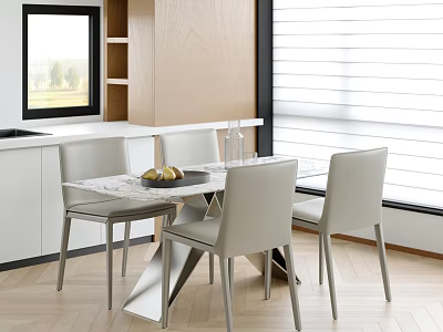 Modern Dining Table Set With Marble Top And Light Gray Dining Chairs Near Window And Wooden Cabinets 3d model
