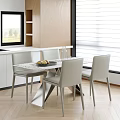 Modern Dining Table Set With Marble Top And Light Gray Dining Chairs Near Window And Wooden Cabinets