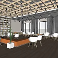 Book Art Modern Reading Space With Wooden Ceiling Large Windows White Chairs And Orange Bench