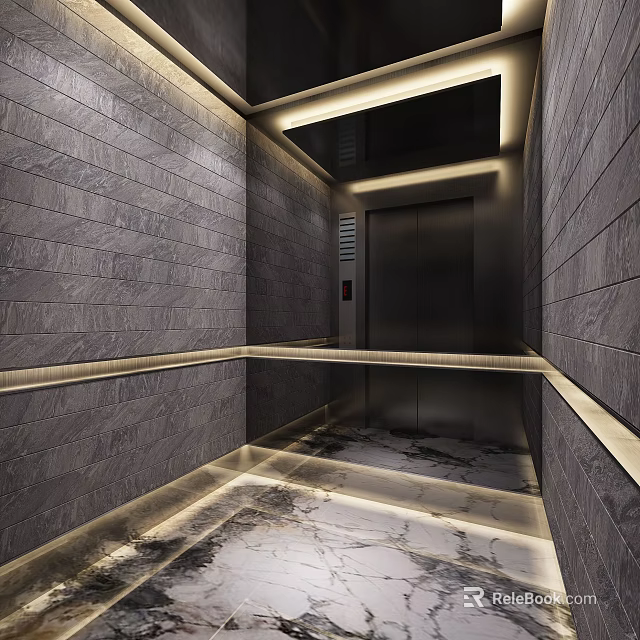 Modern Style Elevator With Gray Stone Walls Marble Floor And Light Strips 3d model 