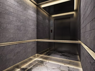 Modern Style Elevator With Gray Stone Walls Marble Floor And Light Strips 3d model