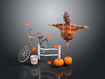 Commercial Equipment for Autumn Decor Featuring Scarecrow Bicycle Pumpkins Maple Leaves and Basket 3d model