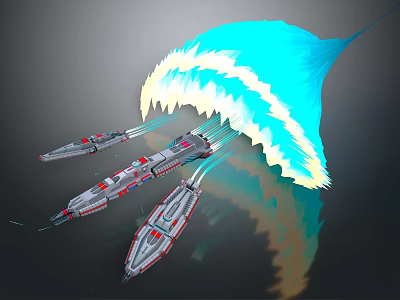 Futuristic Spaceships Flying With Blue Yellow Flames And Reflection On Dark Background 3d model