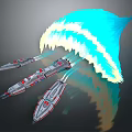 Futuristic Spaceships Flying With Blue Yellow Flames And Reflection On Dark Background