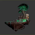 Floating Island Scene With Large Green Tree Wooden Hut Bridge Pond Fish And Boat