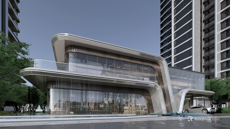 Modern Sales Office Building With Curved Glass Exterior And High Rise Urban Background 3d model 