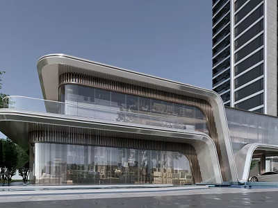 Modern Sales Office Building With Curved Glass Exterior And High Rise Urban Background 3d model