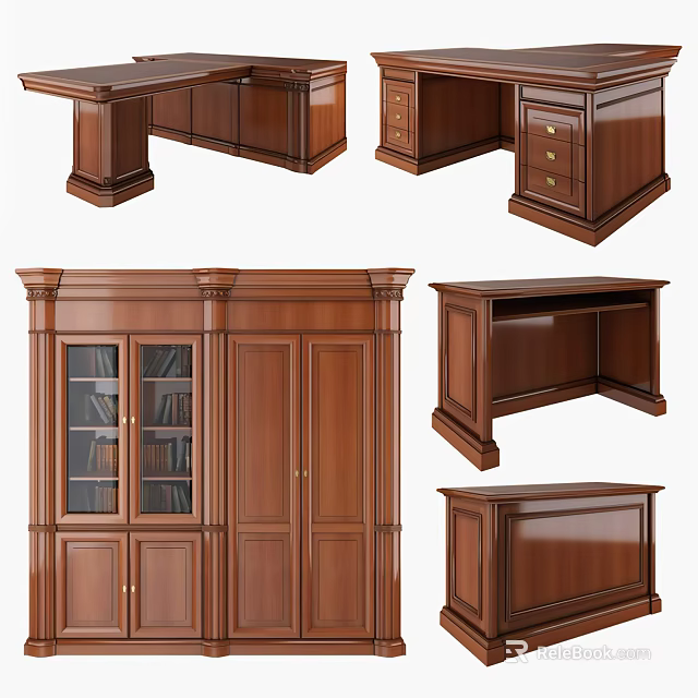 Classic Wooden Desk Set With Drawers Cabinet And Bookshelf Units 3d model 