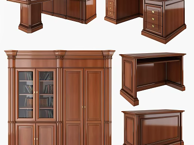 Classic Wooden Desk Set With Drawers Cabinet And Bookshelf Units 3d model