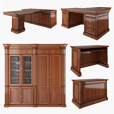 Classic Wooden Desk Set With Drawers Cabinet And Bookshelf Units 3d model