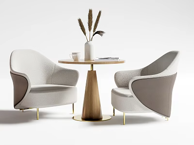 Casual Sofa Set With Two Light Dark Gray Armchairs Golden Legs And Round Wooden Table 3d model