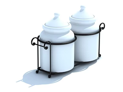 White Ceramic Food Storage Jars With Lids On Black Metal Stand 3d model