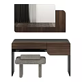 Modern Dark Wood Dressing Table With Mirror Storage Drawers And Upholstered Stool