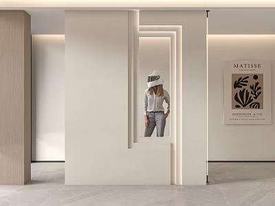 Modern Minimalist Partition with Geometric Lighting and Matisse Artwork in Interior Space 3d model