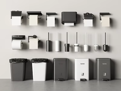 Modern Black And White Bathroom Accessories Including Toilet Paper Holders Toilet Brushes Trash Cans 3d model