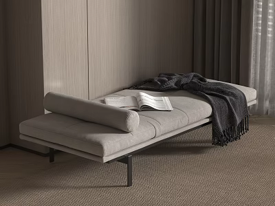 Modern Light Gray Upholstered Bed Bench With Blanket And Open Book In Bedroom 3d model