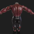 Red Skinned Muscular Man in Black Leather Pants with Arms Outstretched Against Dark Background