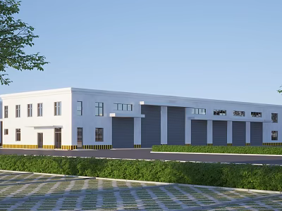 Modern White Industrial Warehouse With Multiple Roll up Doors And Landscaped Front Area 3d model