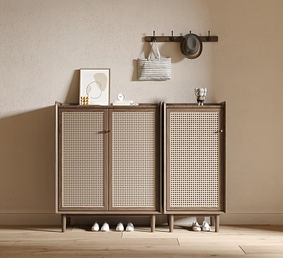 Natural Wooden Lattice Door Shoe Cabinet With Coat Rack Hat Decorative Painting And Shoes 3d model