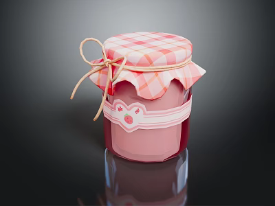 Strawberry Jam in Glass Jar with Red and White Checkered Lid Tied with String 3d model