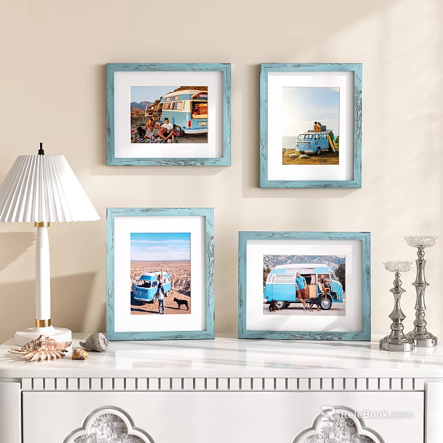 Four Blue Framed Vintage Bus Photo Frames Wall Mounted Decorative 3d model