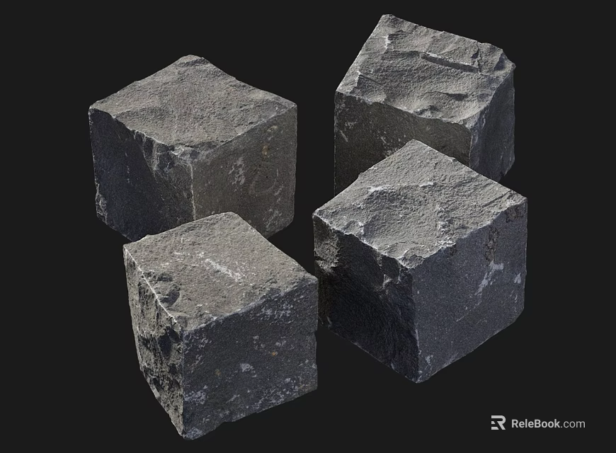 Four Gray Rough Textured Natural Stone Cubes Isolated on Dark Background 3d model