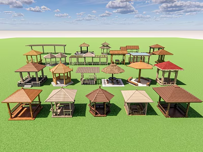 Various Styles of Garden Pavilions on Green Lawn with Blue Sky and Clouds 3d model