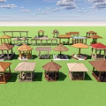 Various Styles of Garden Pavilions on Green Lawn with Blue Sky and Clouds