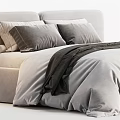 Cozy Modern Double Bed With Soft Gray Comforter Dark Blanket And Upholstered Headboard