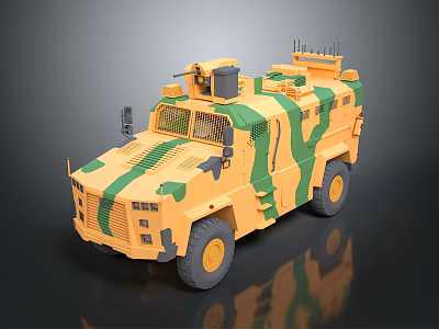 Camouflaged Armored Military Utility Vehicle With Roof Mounted Equipment And Heavy Duty Tires 3d model