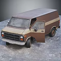 Old Brown And Beige Van With Open Door Parked On Gray Ground
