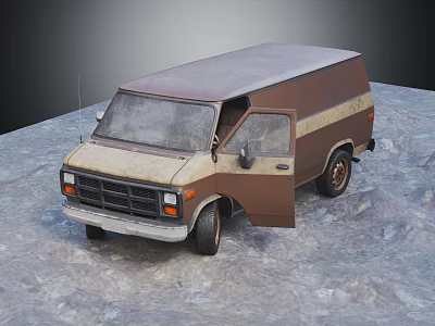 Old Brown And Beige Van With Open Door Parked On Gray Ground 3d model