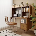 Wooden Desk With Bookshelf Books Laptop Table Lamp Upholstered Chair And Green Plant