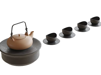 Minimalist Tea Set With Brown Teapot Four Teacups And Black Saucers On Tray 3d model